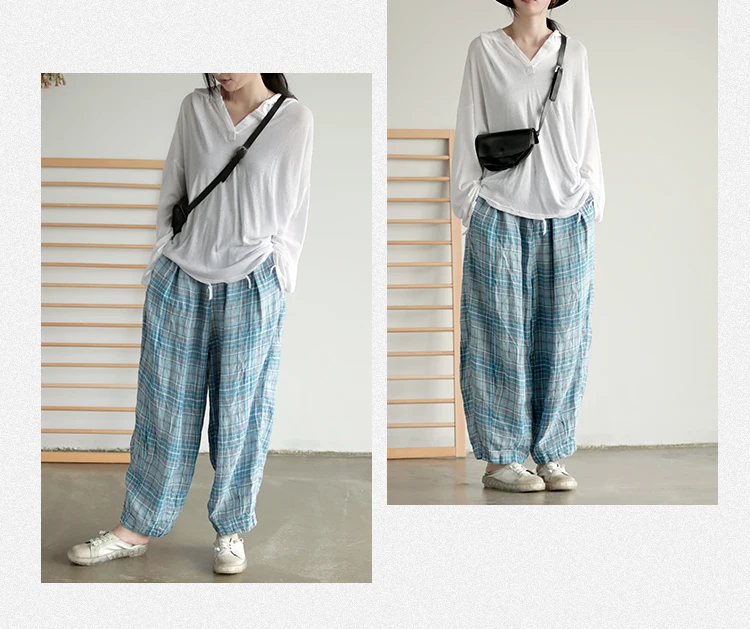 Autumn Woman Cotton Linen Pants New Big Size Plaid Loose Elastic Waist Vintage Casual Women Trousers YoYiKamomo