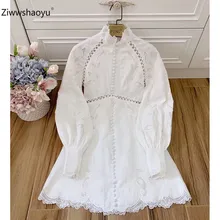 Ziwwshaoyu дизайнерское элегантное вышитое бабочкой белое пеньковое платье Женская мода фонарь рукав Осень Зима Платья для вечеринок