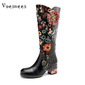 

Voesnees Straight Women's Boots 2020 New Fashion Floral Thick Heel 7cm Round Toe Shoes for Women stitching Warm Knee-length Boot