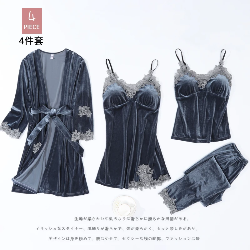 

Autumn Women Pajamas Set Silk 4 Pcs Nightwear Long Sleeved Satin Sleepwear Sleep Clothing Sexy Ladies'Bathrobe Nighties Suit