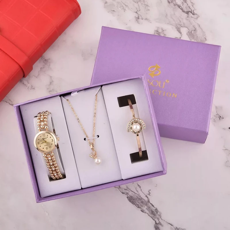 Women Crystal Bracelet Watches Set Female Quartz Watch Luxury Women Watch Bangle Necklace Set 3 Pcs For Women's Valentine's Gift