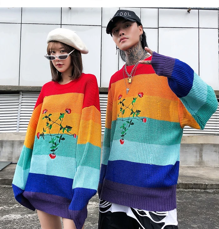 EFUNGAL многоцветный лоскутный свитер пуловер с цветочной вышивкой вязаные толстовки рваные Повседневная Уличная одежда в стиле хип-хоп вязаная одежда