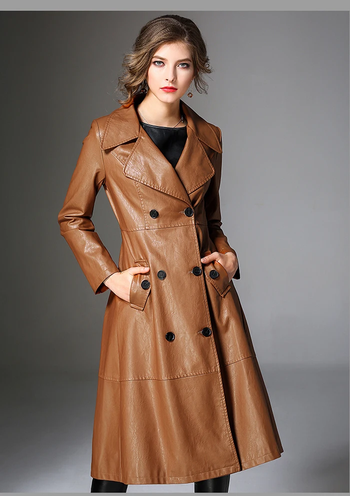 PU Long Leather Trench Coat Women 2019 New Autumn Winter Leather Trench Coat Slim Female Long Coats Plus Size M-3XL Outwear 9