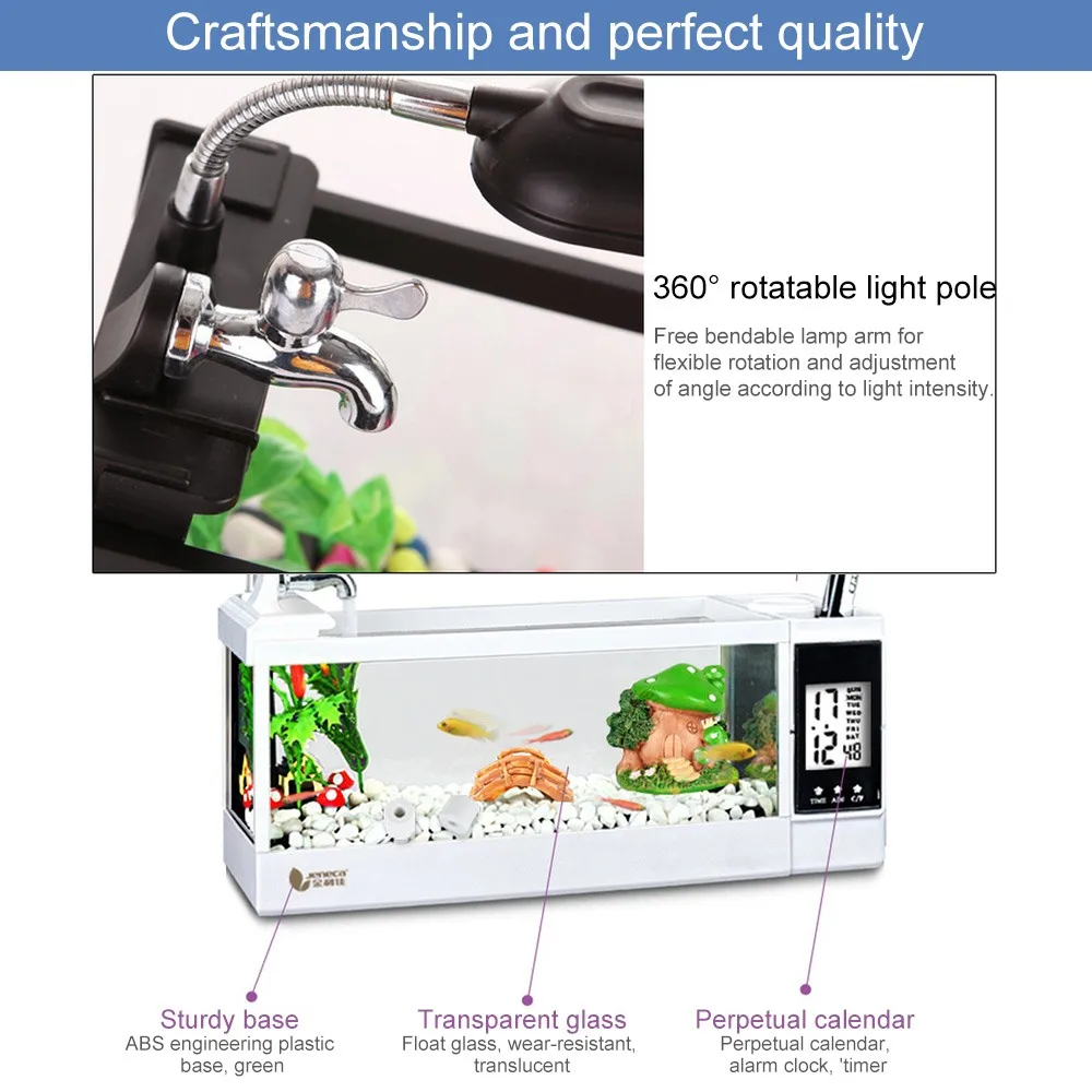 Mini Aquarium Fish Tank USB Aquarium With LED Lamp Light LCD Display Screen and Clock Fish Tank Aquarium Fish Tanks Black White