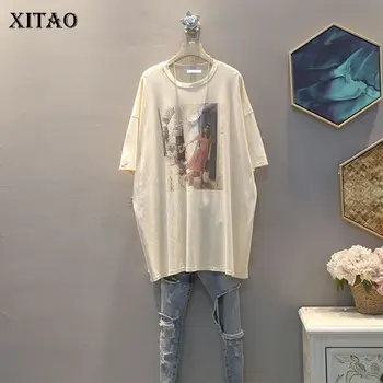 

XITAO Pleated Pattern Vintage T Shirt Fashion New Pullover 2020 Spring Summer Print Minority Small Fresh Loose Tee DMY4201