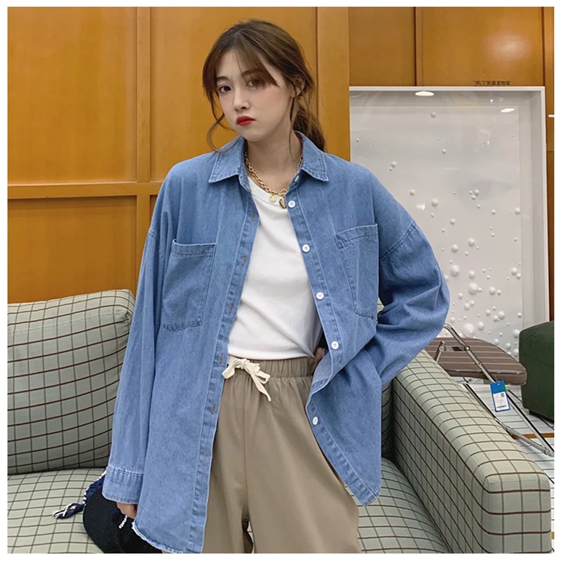 Новинка весны 2020 однотонные рубашки джинсовые с длинным рукавом свободный