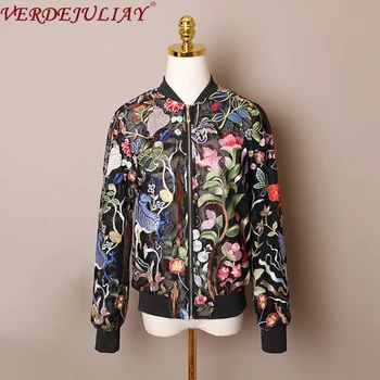 

VERDEJULIAY 2020 Spring New Item Runway Design Casual Floral Jacket Women Luxury Floral Appliques Transparent Mesh European Coat