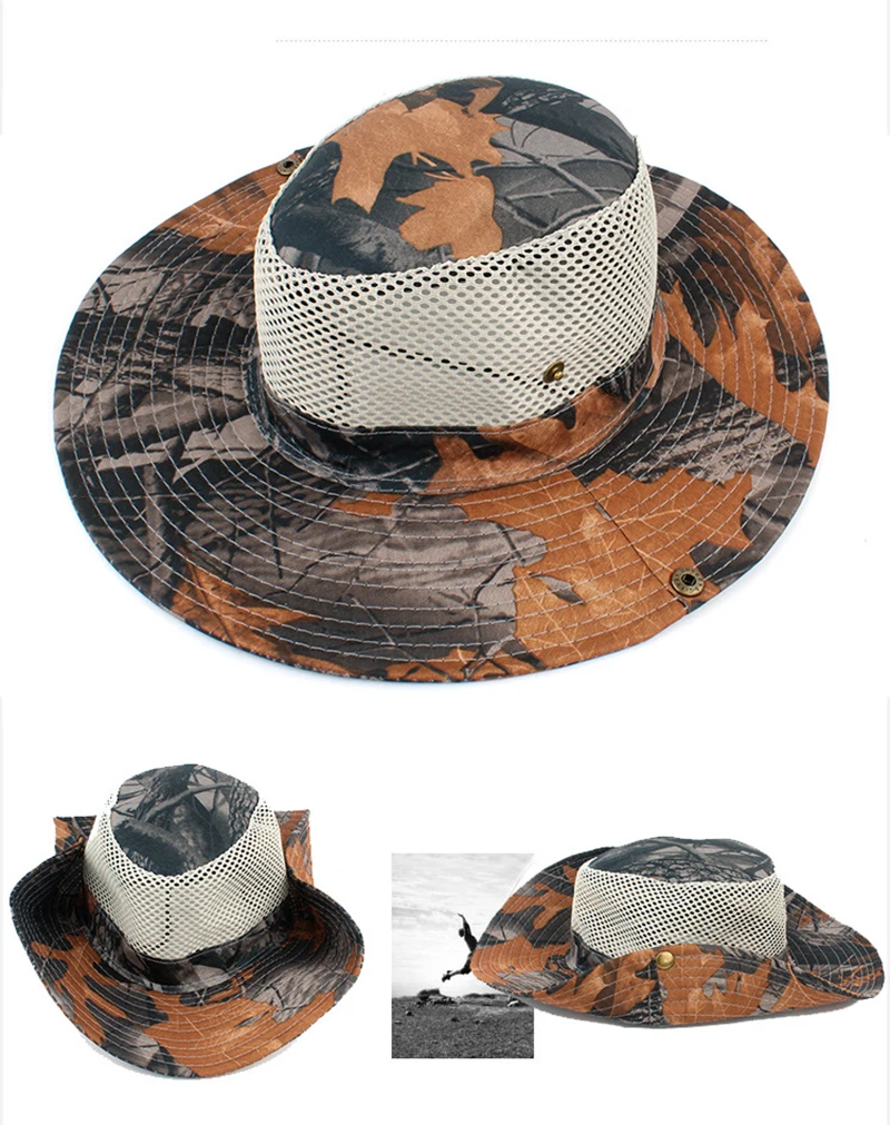 Leaves Printed Camouflage Mesh Patchwork Fishing Hat Outdoor Jungle Sniper Army Hunting Cap Breathable Fisherman Boonie Hats