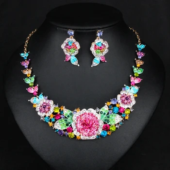 

New Fashion Flowers Rhinestones Statement Necklace Boho Gold Color Chian Bridal Jewelry Party Wedding Choker Jewellery for Women