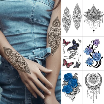 

Waterproof Temporary Tattoo Sticker Butterfly Blue Rose Peony Flash Tattoos Lace Henna Flower Body Art Arm Fake Tatoo Women Men