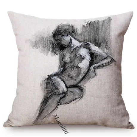 Black and White Sexy Woman Sketch Painting Art Decorative Throw Pillow Case Senior Restaurant Museum Gallery Sofa Cushion Cover M080-9