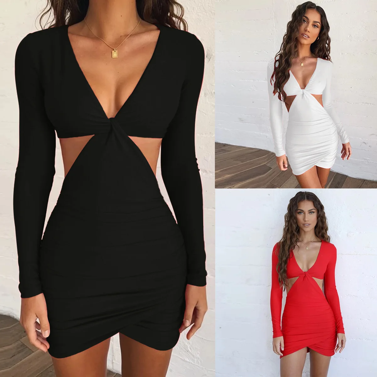 white long sleeve deep v neck bodycon dress