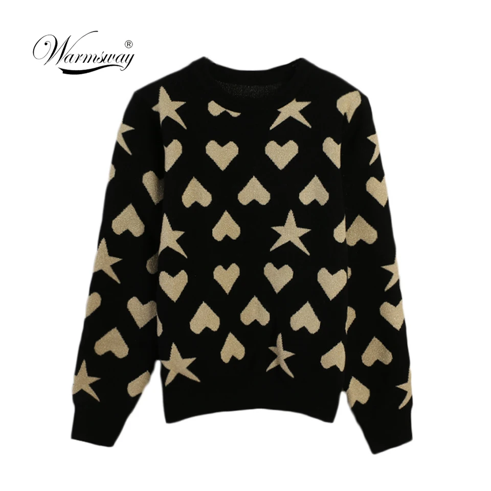 Women New vintage Heart Star Jacquard  warm sweater Contrast Color lurex pullover autumn knitted retro tops blusas C-473