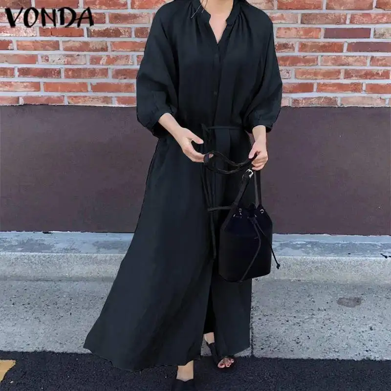 VONDA/осеннее платье, летнее богемное женское сексуальное платье с v-образным вырезом и длинным рукавом, вечерние длинные платья макси, офисные женские повседневные платья