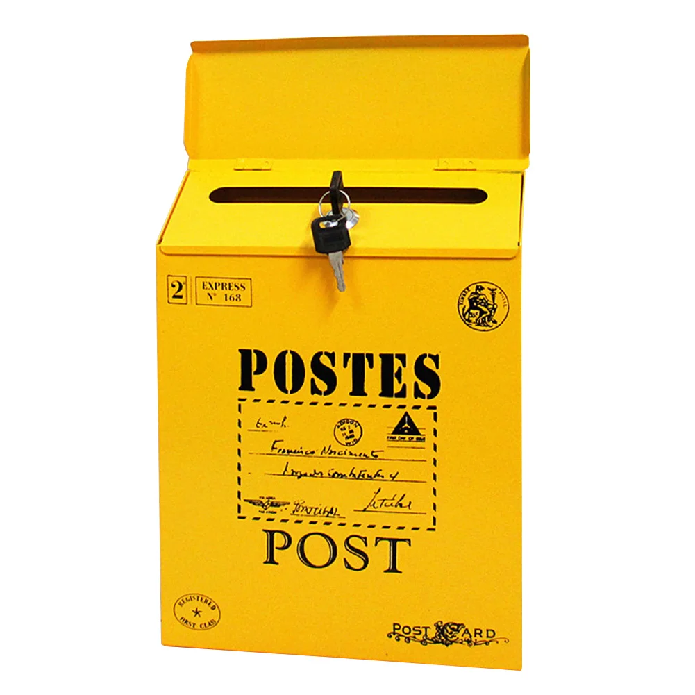 Цвет: желтый Wall Mount With Lock Postal Colorful Letter Box Home Decor Vintage Ornaments Yard Mailbox Durable Paint Newspaper Iron - Цвет: Цвет: желтый