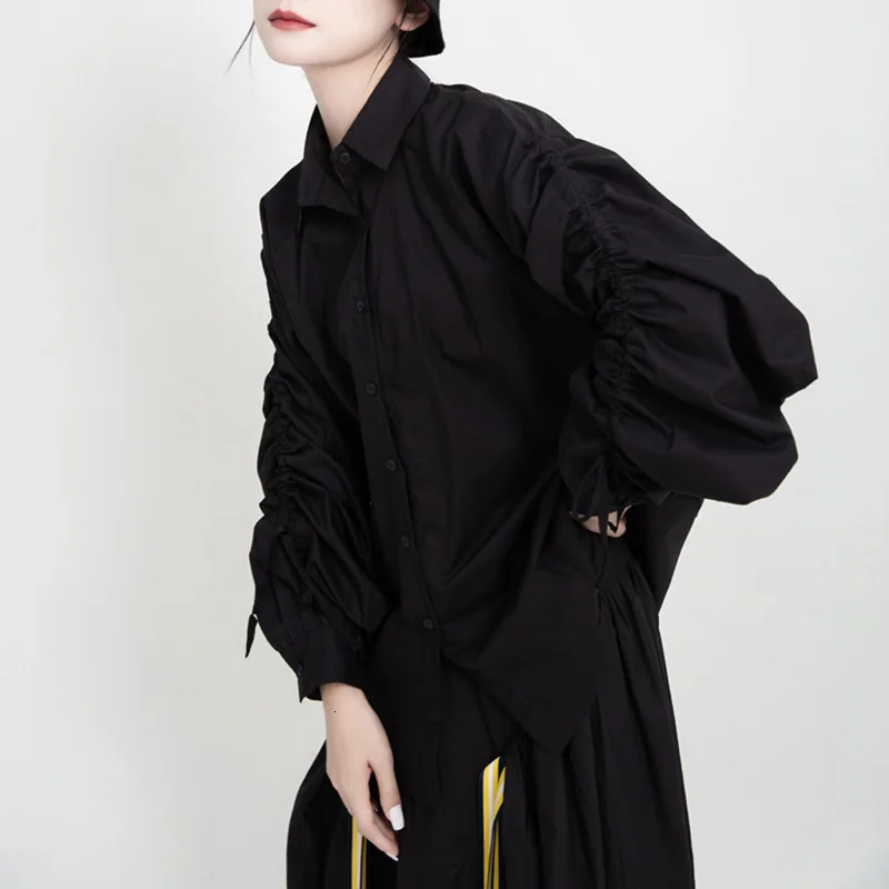 [EAM] женская черная плиссированная блузка большого размера на завязках, новая свободная рубашка с отворотом и длинным рукавом, модная весенняя Осенняя 1K172 - Цвет: black