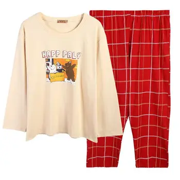 

Free shipping 2019 women's large size round neck long-sleeved pajamas set 100% cotton home service size 3XL-5XL