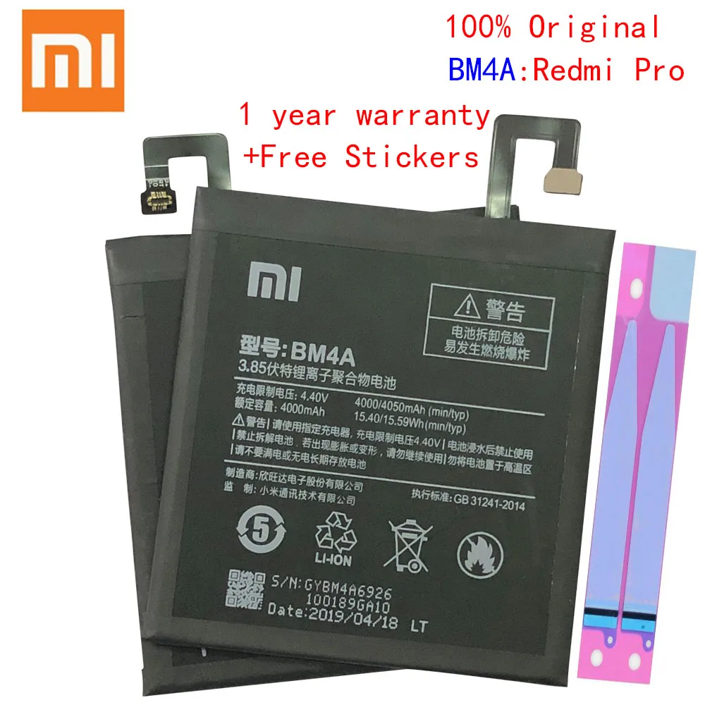 Xiao Mi Оригинальный аккумулятор для телефона BM4A Xiaomi Hongmi Redmi Pro 4000 мАч сменные