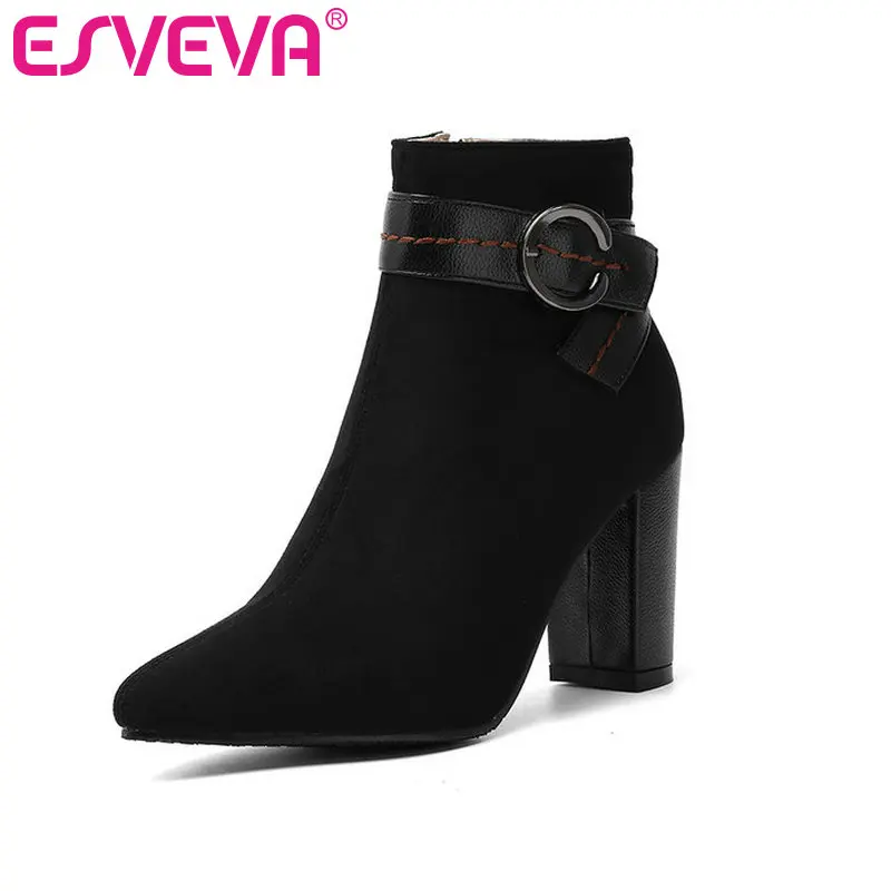 

ESVEVA 2020 Women Shoes Winter Ankle Boots Fashion Square High Heel Buckle Pointed Toe Motorcycle Platform Boots Size 34-43