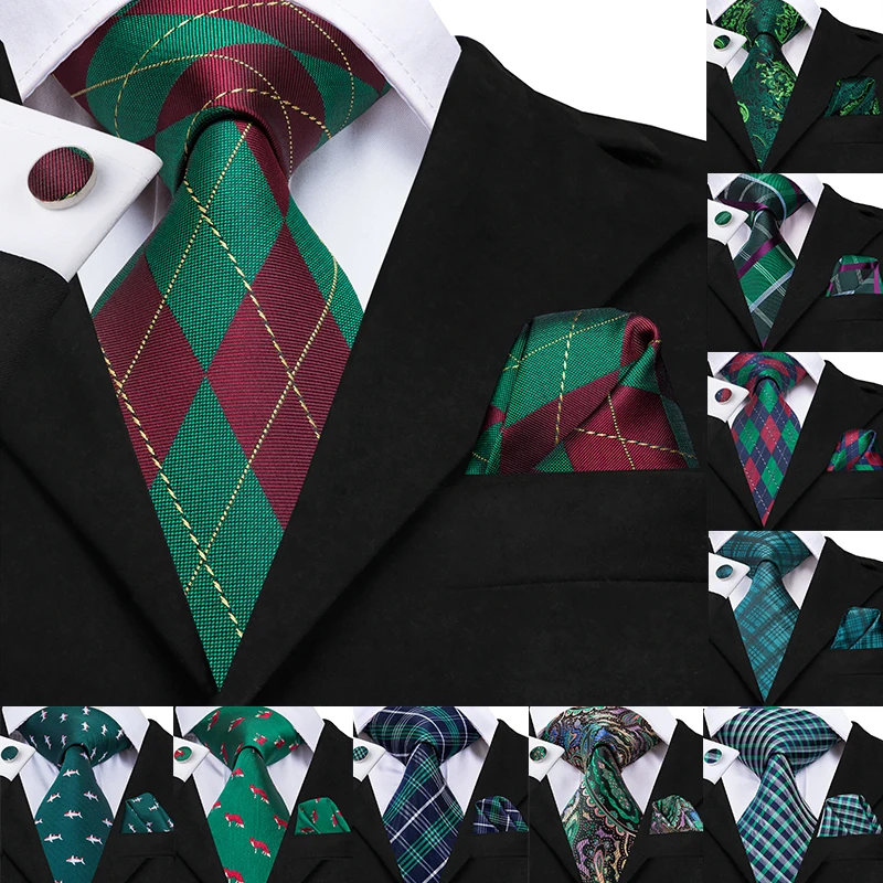 Hi-Tie Зеленый носовой платок с принтом Запонки Набор рождественские шелковые галстуки для мужчин Подарки для мужчин жаккардовые Gravatas мужские галстуки вечерние большие галстуки