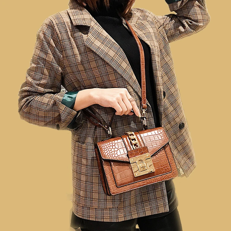 Mododiino, женская сумка с клапаном и каменным узором, сумка на плечо с замком, сумка из искусственной кожи, сумка-мессенджер на цепочке, сумки через плечо, роскошная сумка DNV1222