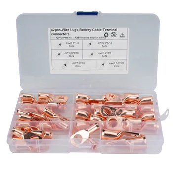 

42pcs Cable Lug Copper Terminals Crimp Ring Battery Welding Wire Connectors Kit Cold Pressed Terminals