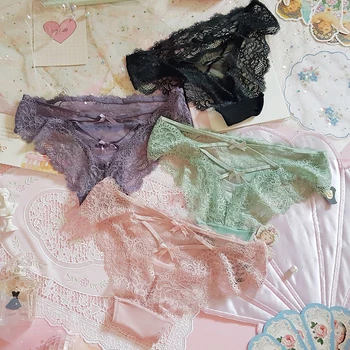 

High quality fine Lolita Panties sexy low waist with a bow hot temptation of transparent lace panties women