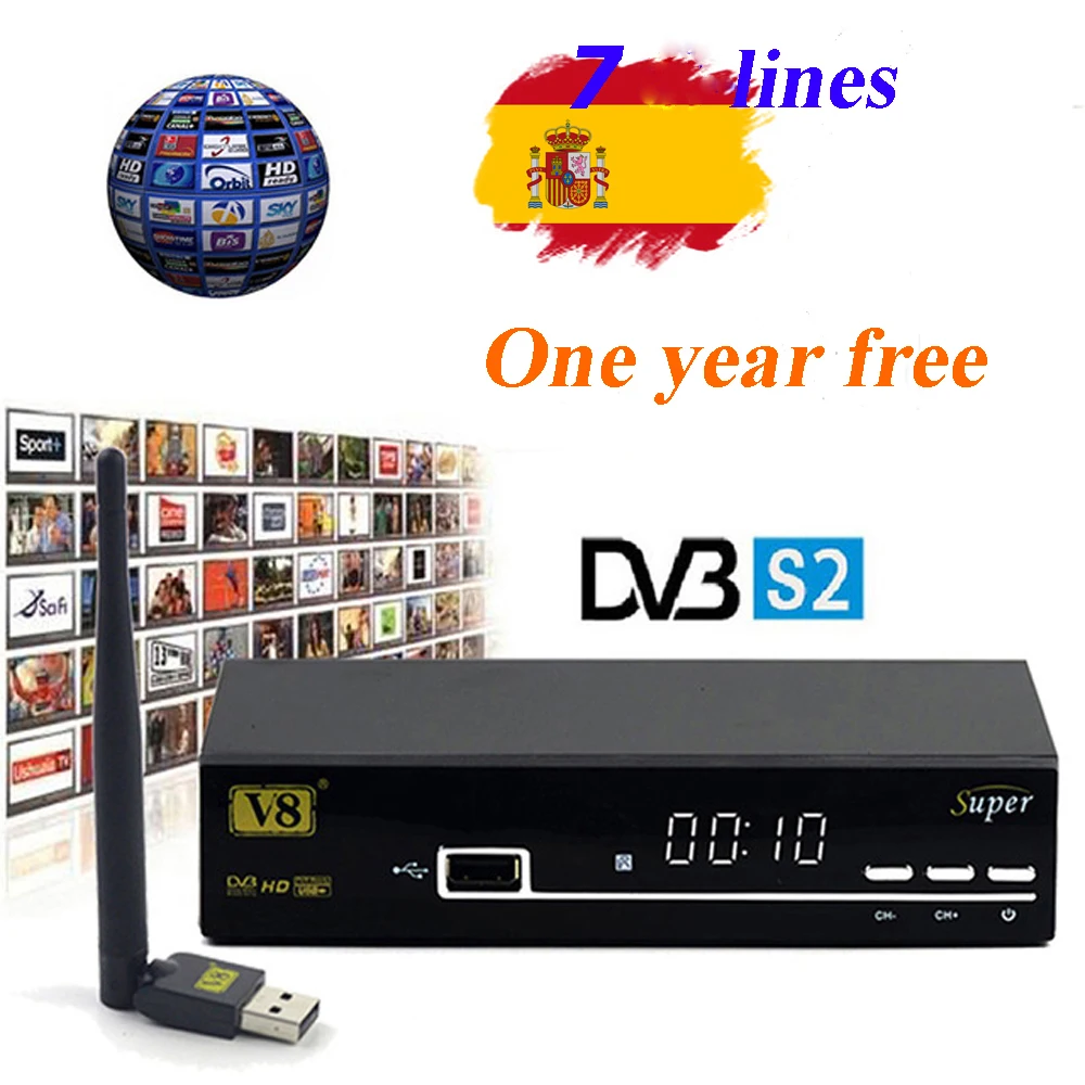 

FREESAT V8 SUPER Receptor DVB-S2 HD FTA Satellite TV Receiver With 1 Year Europe 7 cccams +USB WIFI 1080P lnb Portugal Po