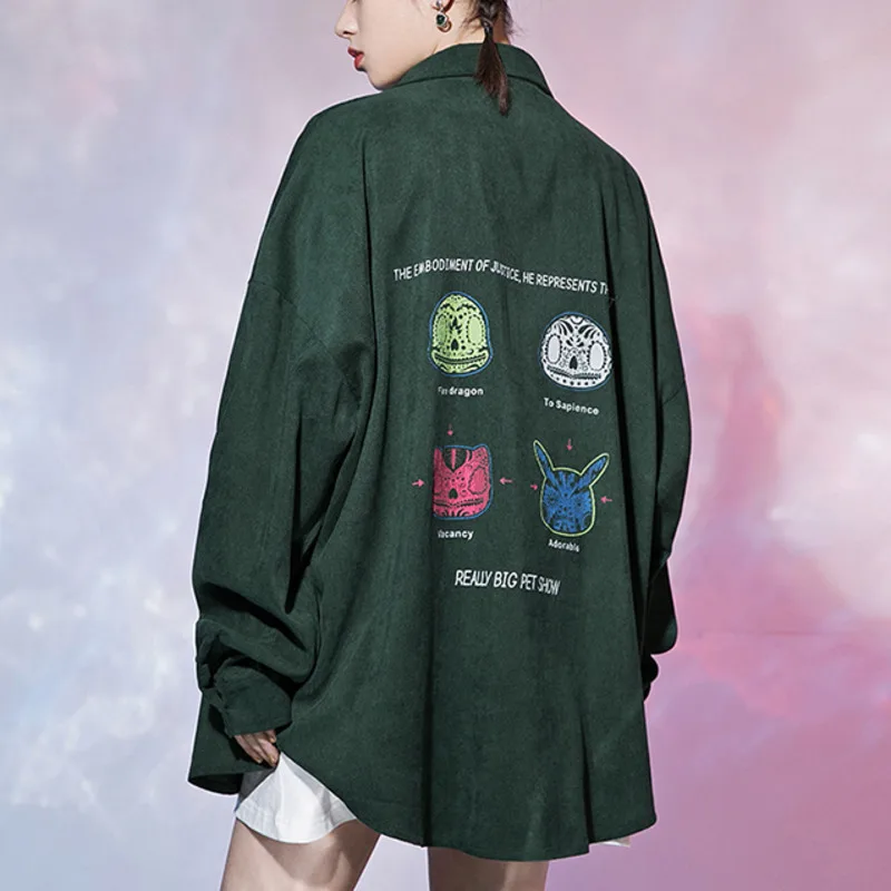 

Autumn 2020 Women's Square Collar Shirts Unique Letter Graphic Printed Blouse Hip Hop Black Green Woman Long Sleeve Shirt