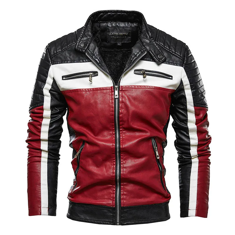 KIOVNO Men Winter Pu Leather Jackets Coats Stand Collar Fleece Lined Motorcycle Faux Leather Jackets Outwear For Male  (4)