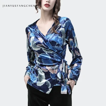 

Women Velour Blouse Vintage Blue Maple leaves Printed V-Neck Long Sleeve Top Sashes Tie Up Elegant Korean Autumn Cardigan Cloth