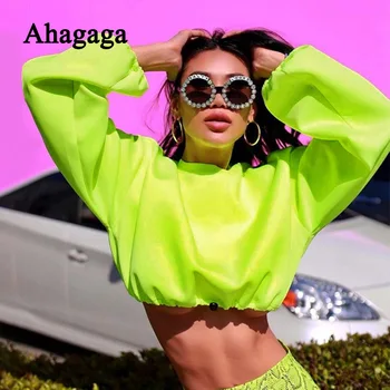 

2019 Autumn Fluorescent Sweatshirt Women Fashion Short Tops Loose Casual O-neck Drawstring Long Lantern Sleeve Streetwear Hot Sale Women Sweatshirt Pullover Female Tops Blusas