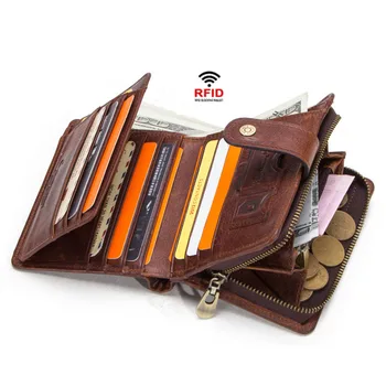 

R43 Men's Purse R43 Vintage Coin Purse Zipper Genuine Leather Short Men Wallet Holder Ring High Quality Card Holder Wallets