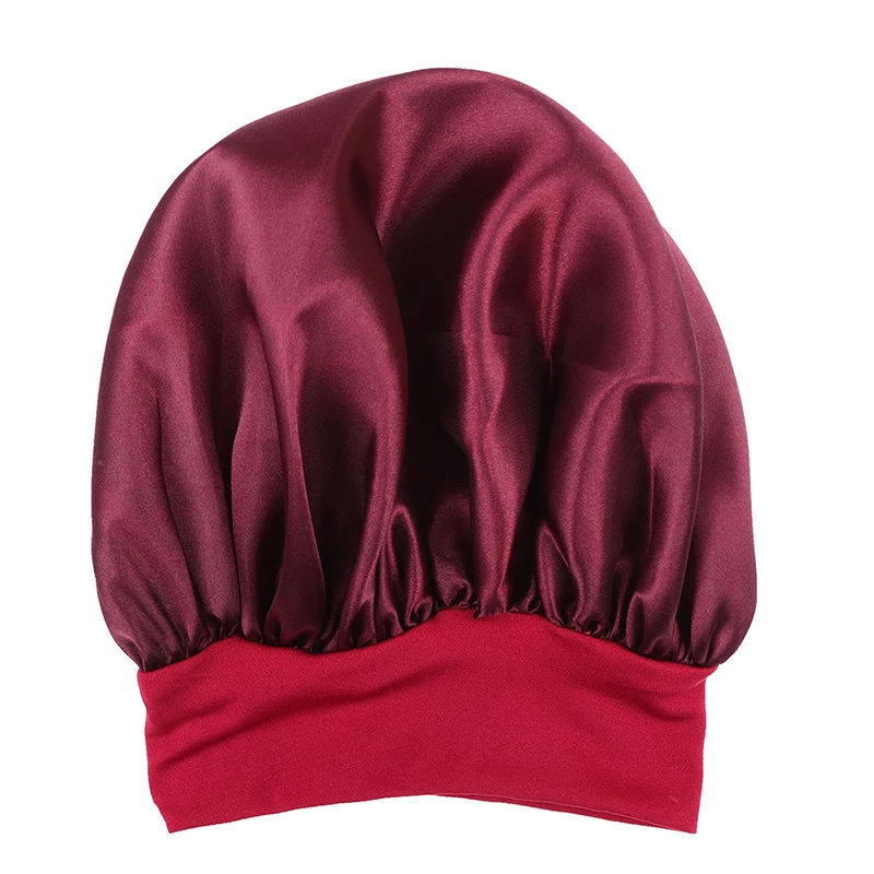 58 см, одноцветная Женская атласная шапочка для ухода за длинными волосами, шапка для ночного сна, шелковая шапочка для головы, Регулируемая Шапочка для душа, вязаная шапка - Цвет: Wine  red