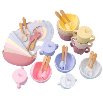 5 Pcs set Silicone Bowl Bibs cup Sets Baby BPA Free Waterproof Spoon NonSlip Feedings Silicone Bowl Tableware Baby Products 1