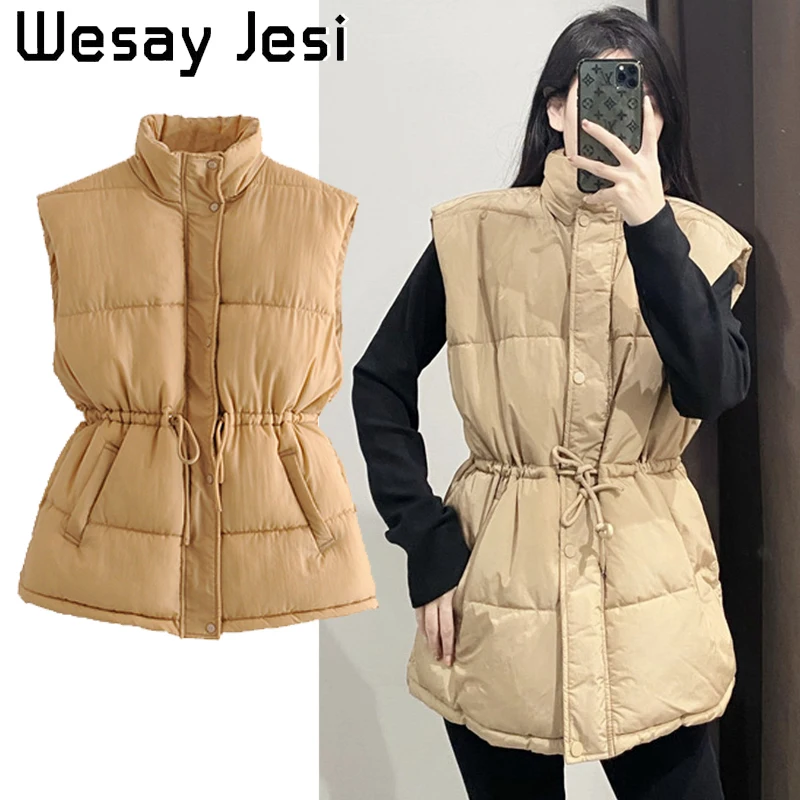 

2020 Fashion Winter Women's Vest Jacket Cotton Drawstring Waist Symmetrical Diagonal Pockets, High Collar Vest Jacket