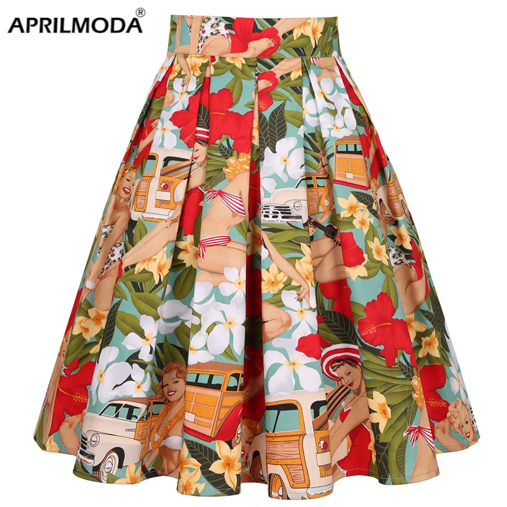 Vintage 1950s 60s Retro Check Print Waist Pleated Midi Skirt A line Swing Skirt 