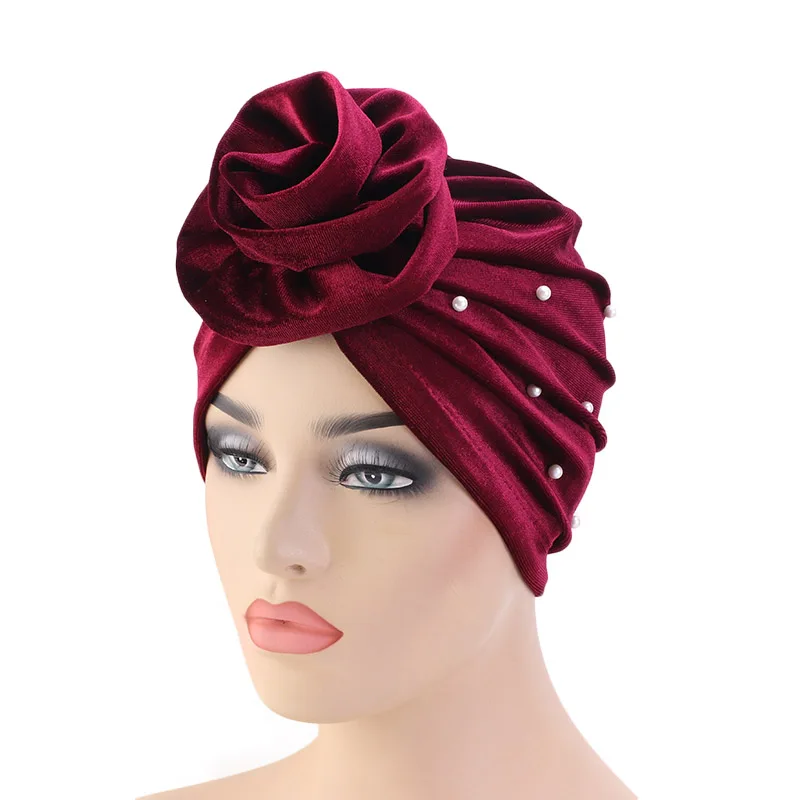 

New Arrival Velet Beaded Flower Turban Hat Women Solid Color Headwear India Muslim Bonnet Cap Girl Hair Accessories