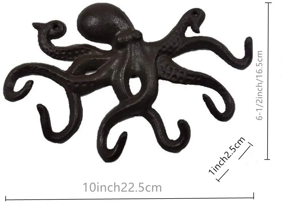Hook up Octopus Hook/Coat Hook Antique Decorative Wall Hanging, Cast Iron 10 inch Key Ring Wall Decoration, with 6 Tentacles. 3