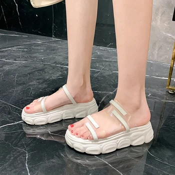 

CHIMIZHAI Sandals Summer Sneakers Women Shoes Transparent Flat Sandals Woman Shoes Heels 5.5CM Sizes 45 46 Sneakers MY516