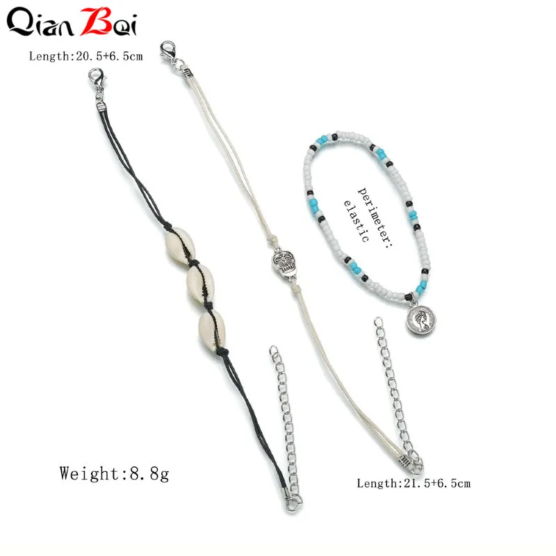 QianBei Modyle 3 шт./компл. в богемном стиле Винтаж в виде ракушки браслеты для ног Skull для Для женщин сине-белые камень ретро пляжные шорты мужские ног Ювелирные изделия