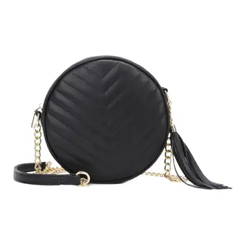

Round Women Shoulder Bags Solid PU Leather Messenger Chain Satchel Bag Ladies Chain Tassel Crossbody Handbags 18.5x18.5x6cm