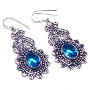 

Genuine Blue Topaz Silver Overlay on Copper Earrings , Hand made Jewelry Gift, E5466