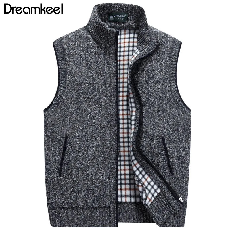 

2019 New Warm Fleece Sweatercoat Plus SIze Mens Winter wool Sweater Vest Mens Sleeveless Knitted Vest Jacket Y
