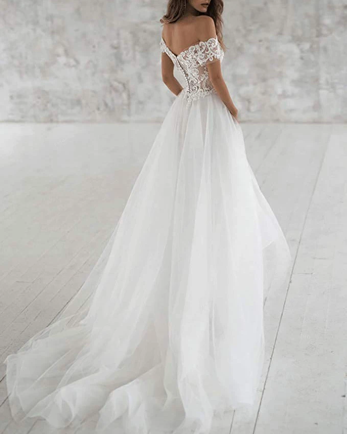 Off Shoulder Short Sleeve Wedding Dress Sweetheart Robe Arabe Mariage Ruffle Tulle Skirt Wedding Gowns For Bride