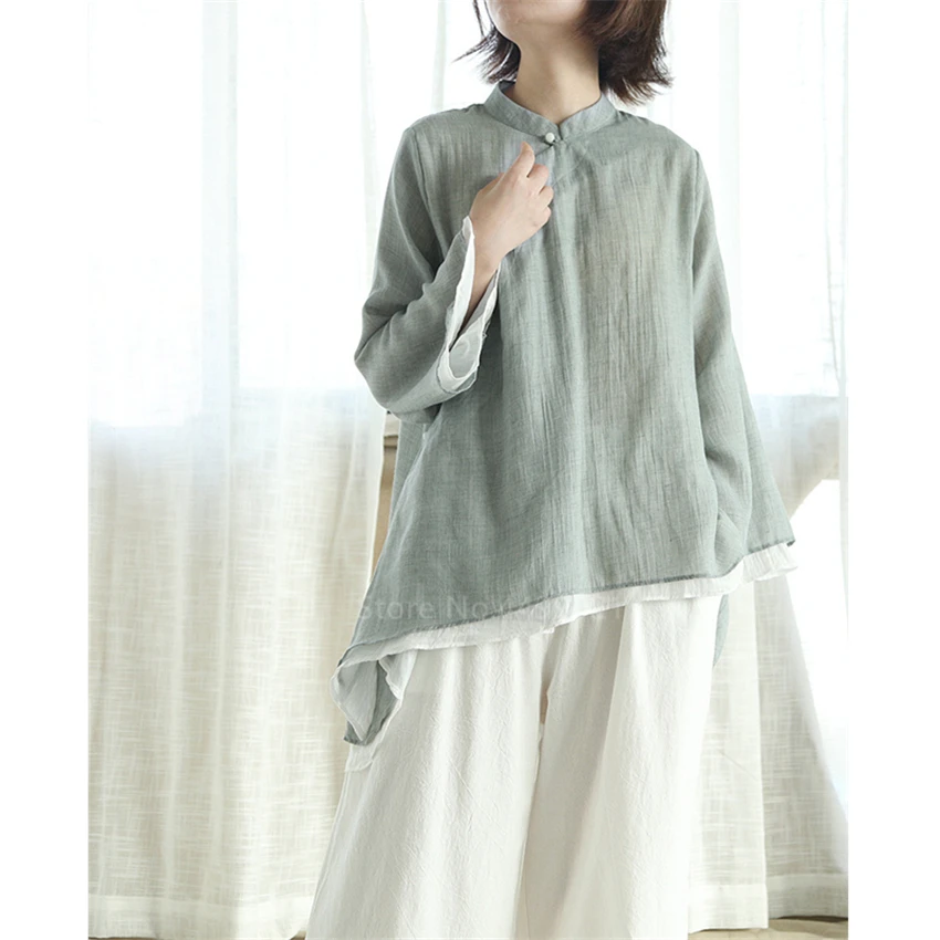 Retro Chinese Women Blouse Traditional Vintage Oblique Shirt Zen Summer Cotton Oriental Woman Tops Mandarin Collar Cheongsam