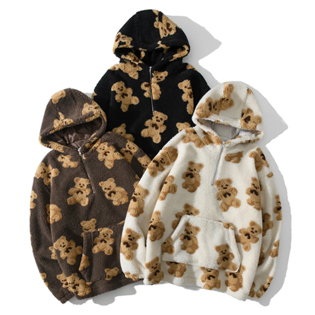Lambswool Jacket Hoodies Coat Streetwear Harajuku Half-Zipper Bear-Print Winter Men Loose