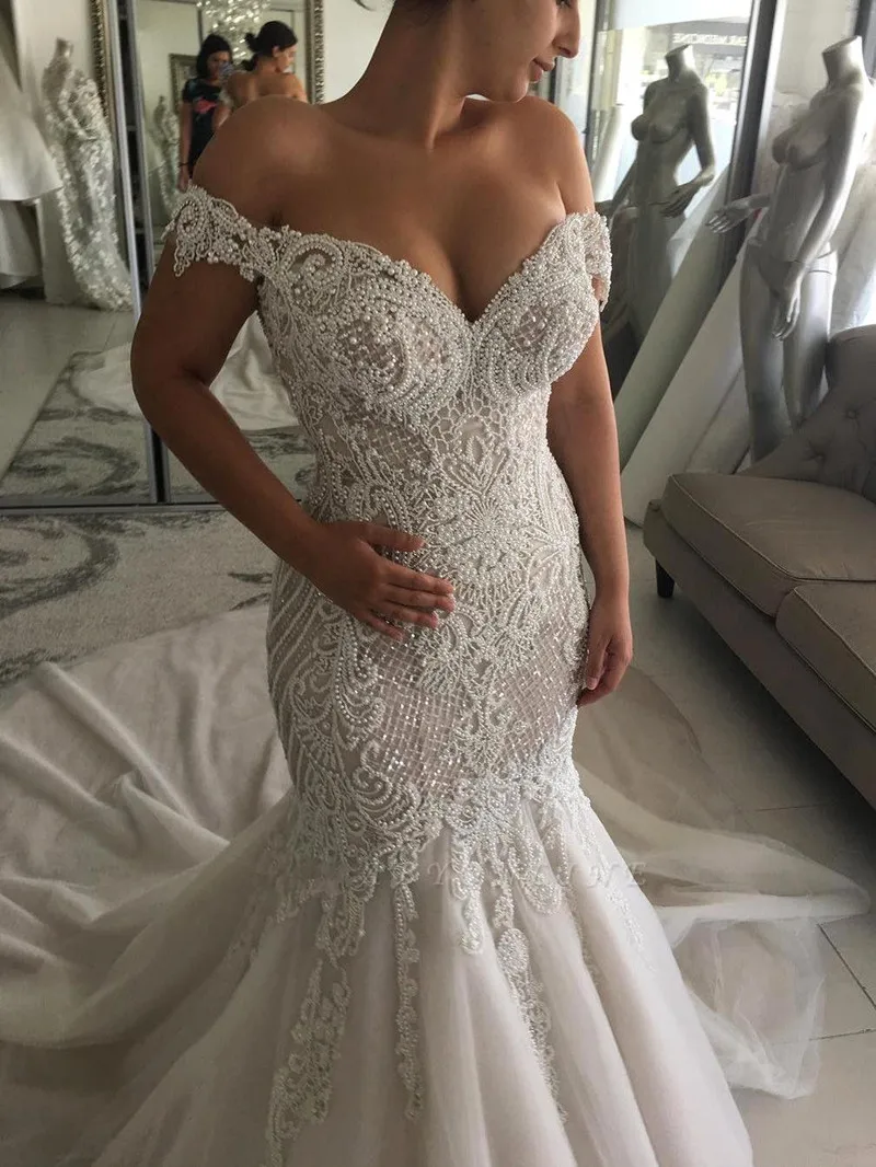 SWEMILE, роскошное кружевное свадебное платье русалки с жемчугом, Robe de Mariee, сексуальные свадебные платья с глубоким v-образным вырезом и коротким рукавом, Vestido de Noiva