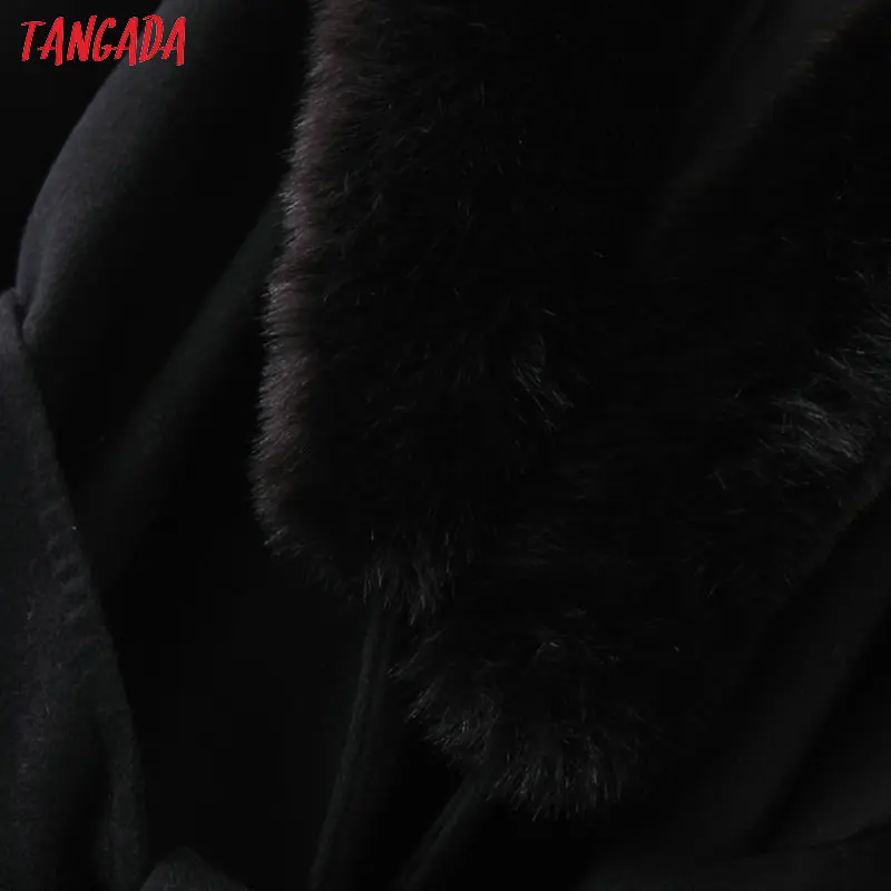 Tangada женское черное длинное пальто с воротником из искусственного меха с поясом зимнее элегантное женское теплое пальто винтажная верхняя одежда с длинным рукавом QB50