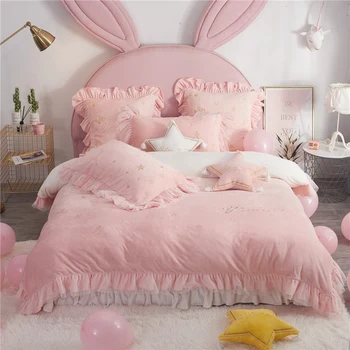 

Luxury Plush Cute Star Embroidery Bed set Ruffles Girls Pink Yellow Duvet Cover Bed sheet Pillowcases Velvet Fleece Warm Soft